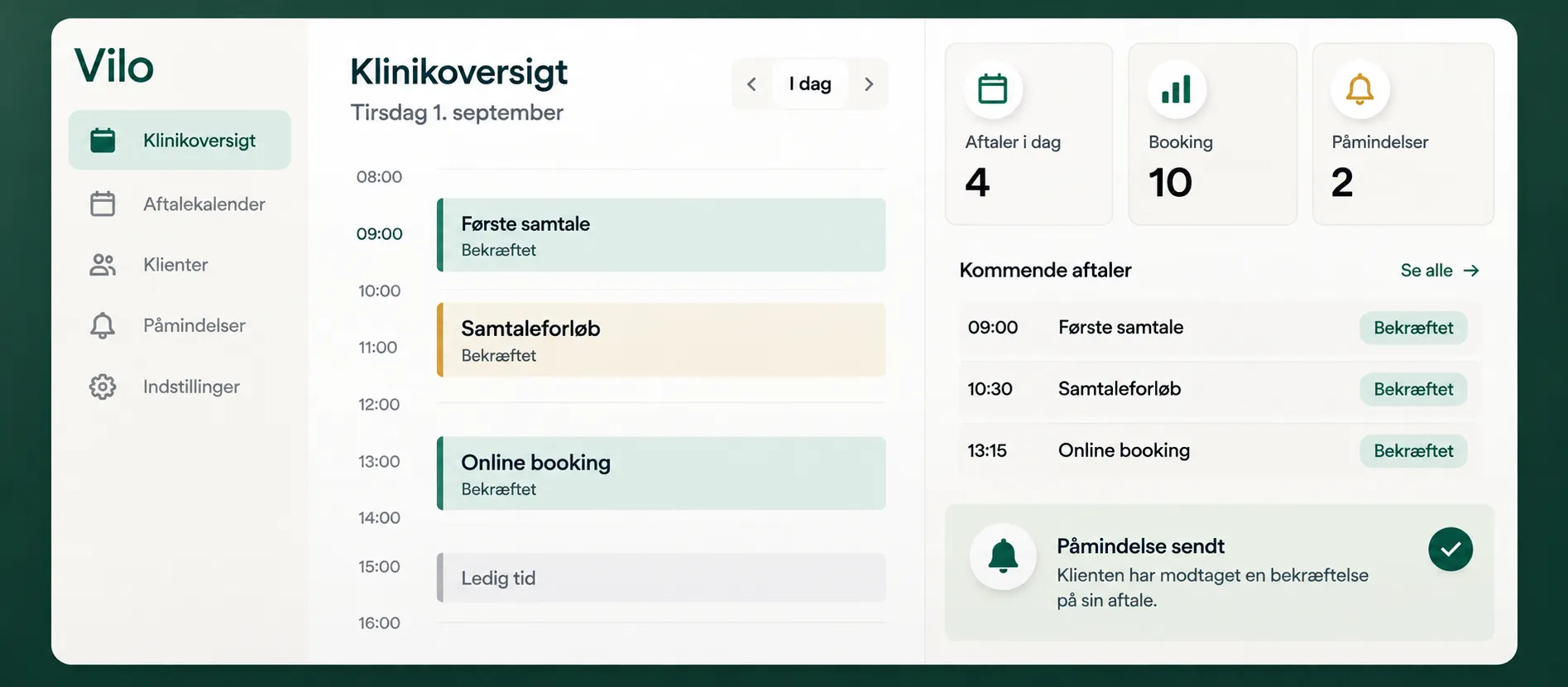 Vilos overblik over kalender, bookinger og påmindelser